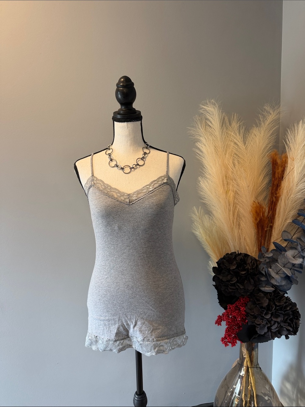 No Boundaries Grey Lace-Trim Cami Romper